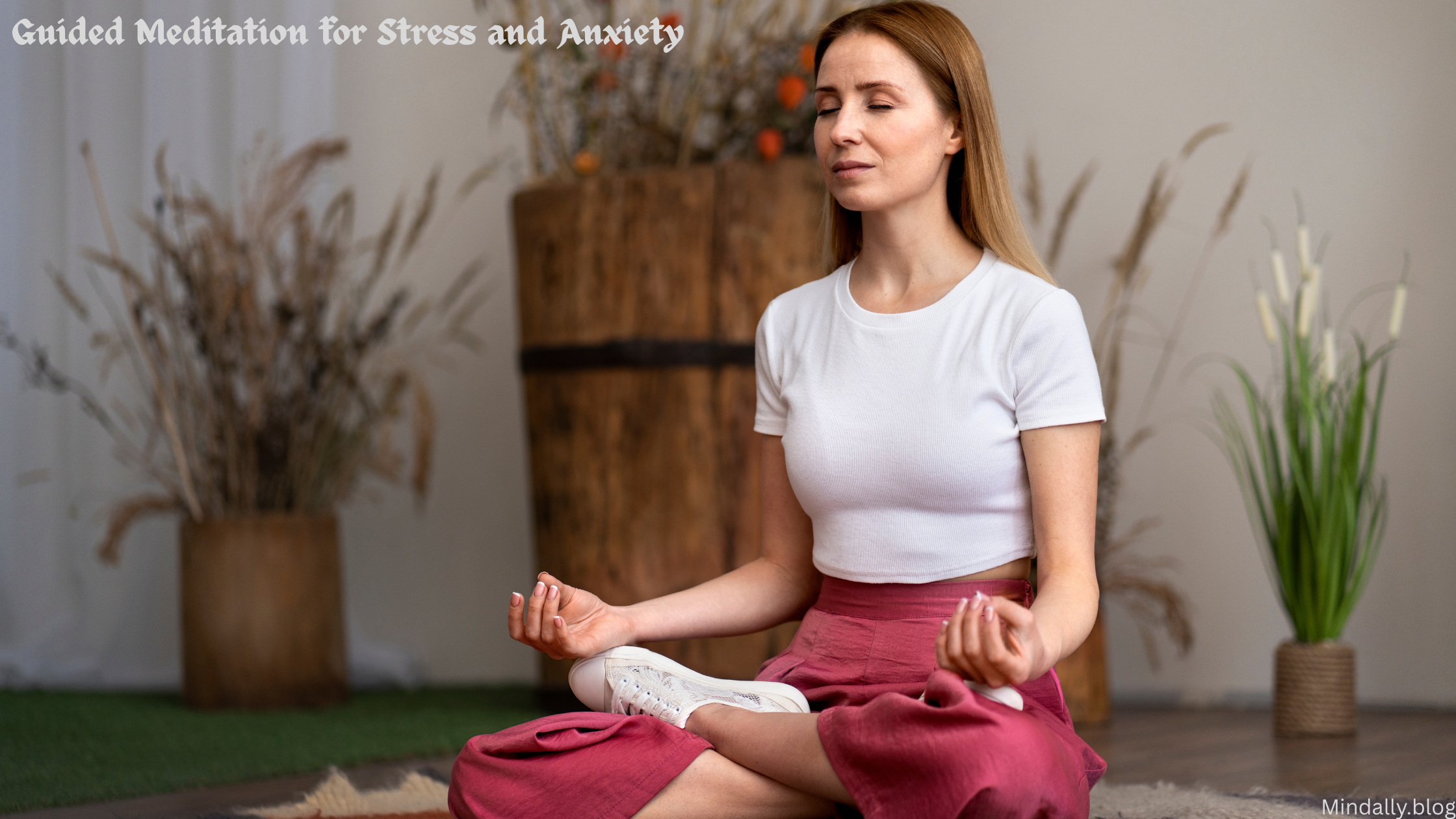 Woman practicing guided meditation for stress and anxiety at home, sitting cross-legged with eyes closed in a peaceful environment.