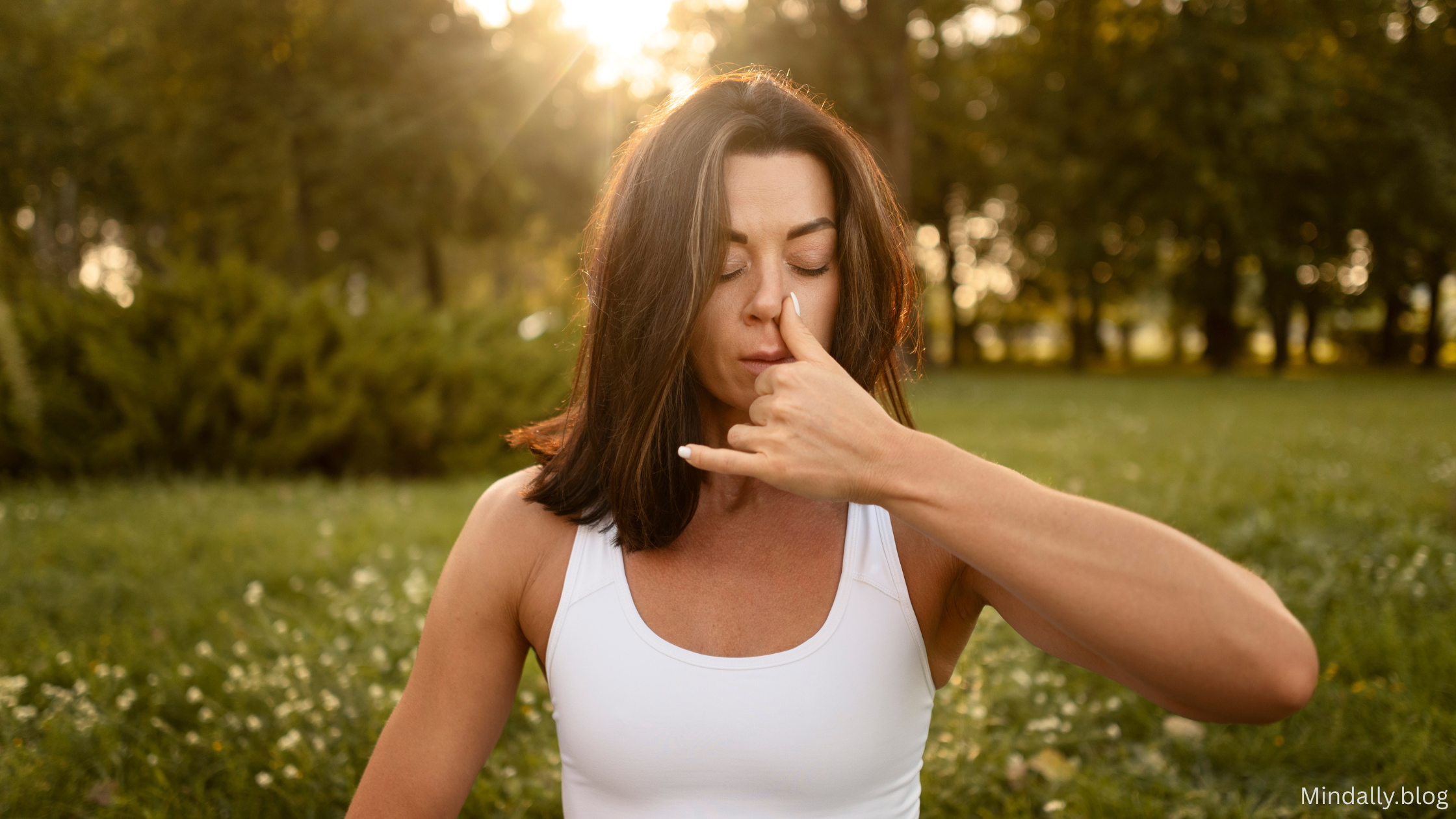 Woman practicing conscious breathing outdoors in the morning sunlight, using alternate nostril technique for stress relief and mindfulness.
